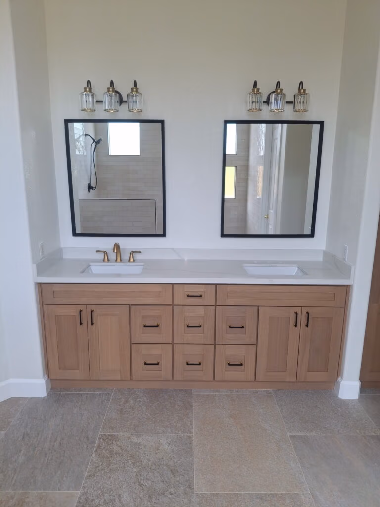 Bathroom remodel double vanity light wood